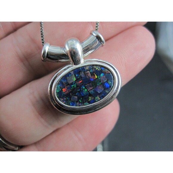 Sterling Mosaic Opal Inlay Pendant Necklace - Picture 9 of 10